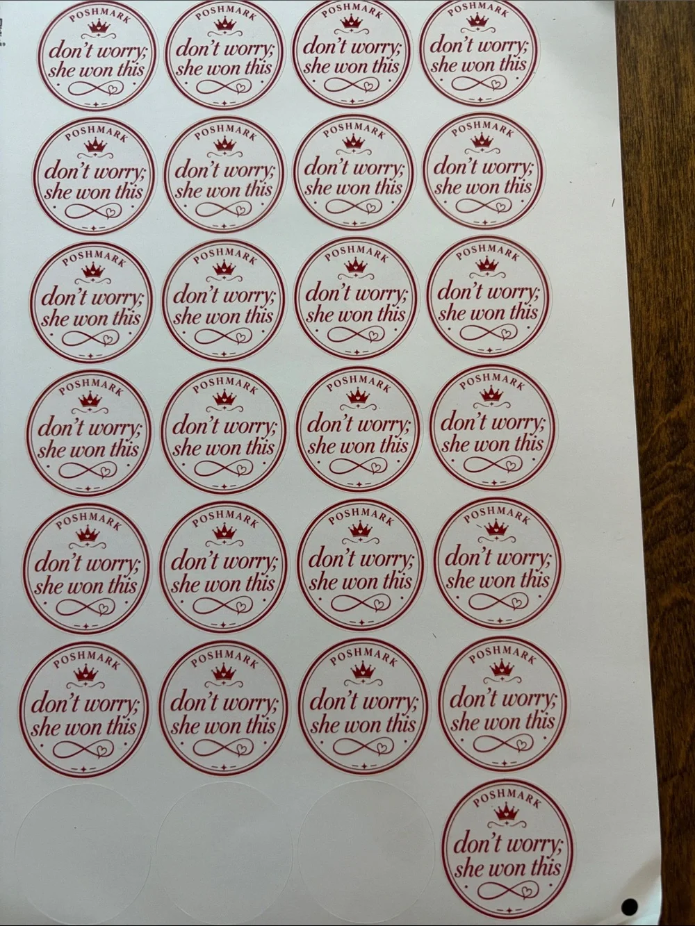 50 Poshmark 'Don't Worry; She Won This' Round Sticker Sheet - Red Text on White